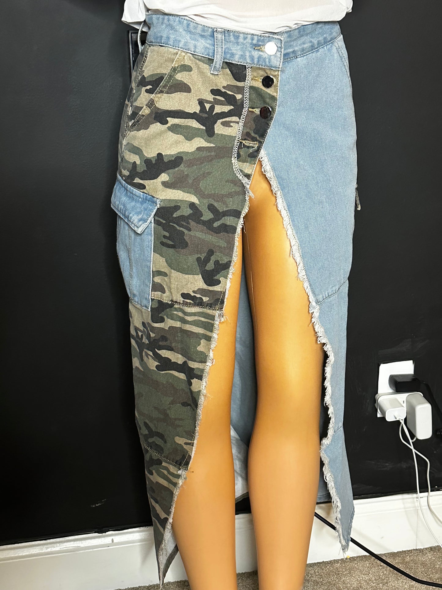 Denim and camo skirt belt