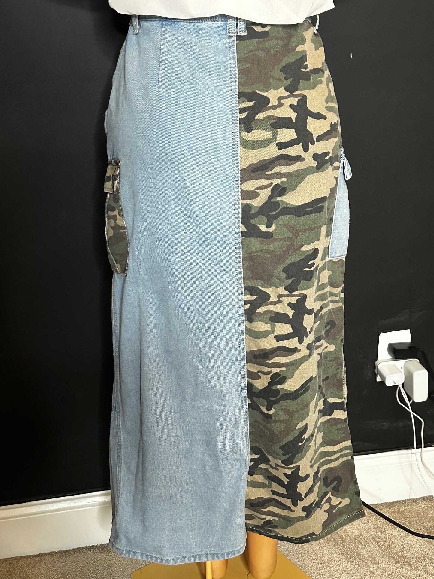 Denim and camo skirt belt